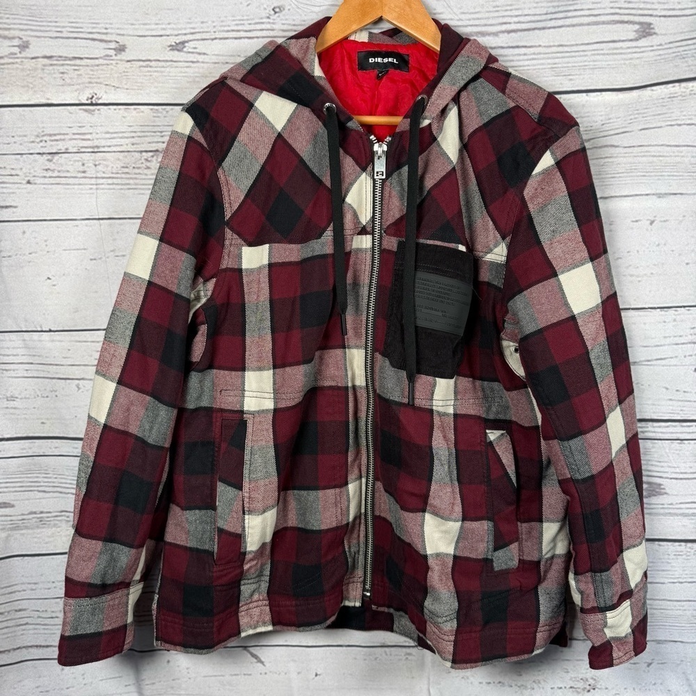 DIESEL Men’s Jacket  Zip-Up Hoodie J Vasilevich Red Black Plaid Size S